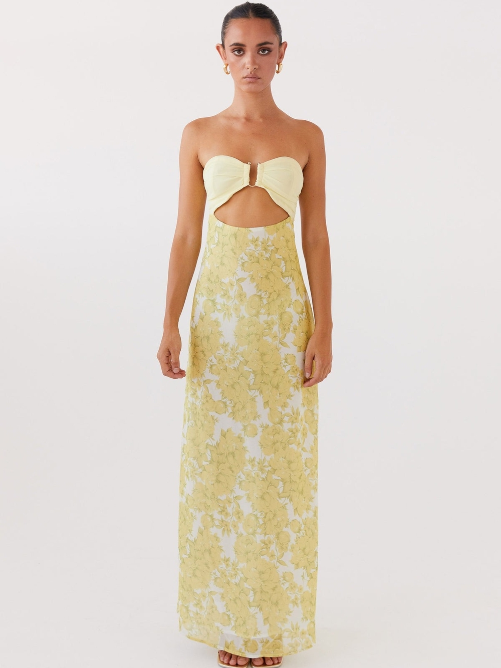 Peppermayo Pale Yellow Floral Strapless Cutout Maxi Dress